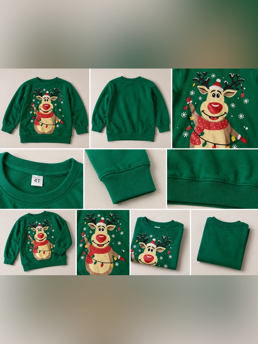 Kids Green Christmas Reindeer Holiday Sweatshirt Size 4T 🎄🦌